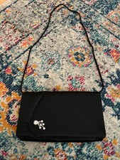 Vintage Black Satin Evening Shoulder Bag with Rhinestone Floral Detail