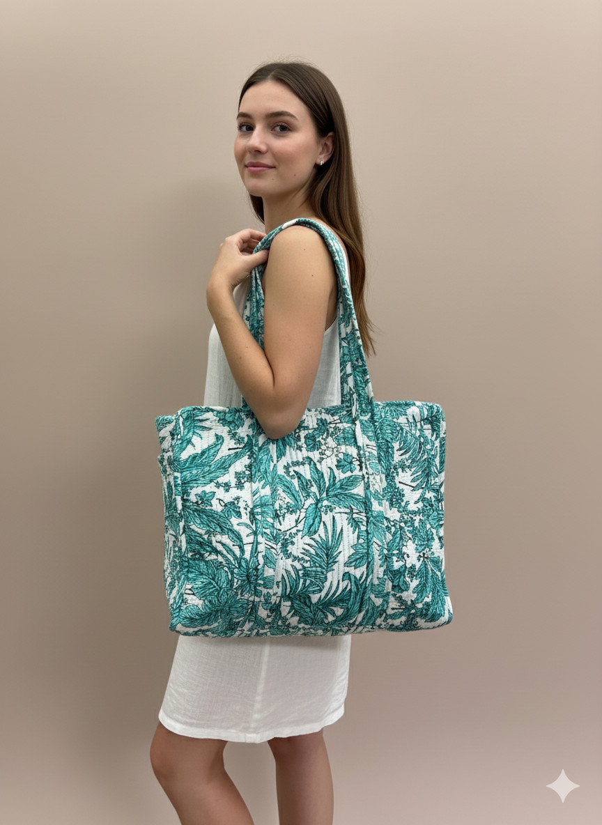 Cotton Quilted Tote Bag for Women Floral Block Print Large Reusable Bag (Green)
