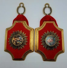 2 Vtg Jaru Plaster & Red Velvet Wall Hanging Plaques Scrollwork w Woman Cntr #14