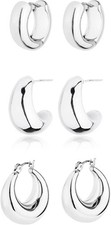 Gold Chunky Hoop Earrings Set for Women, 14K 3 silver hoops chunky