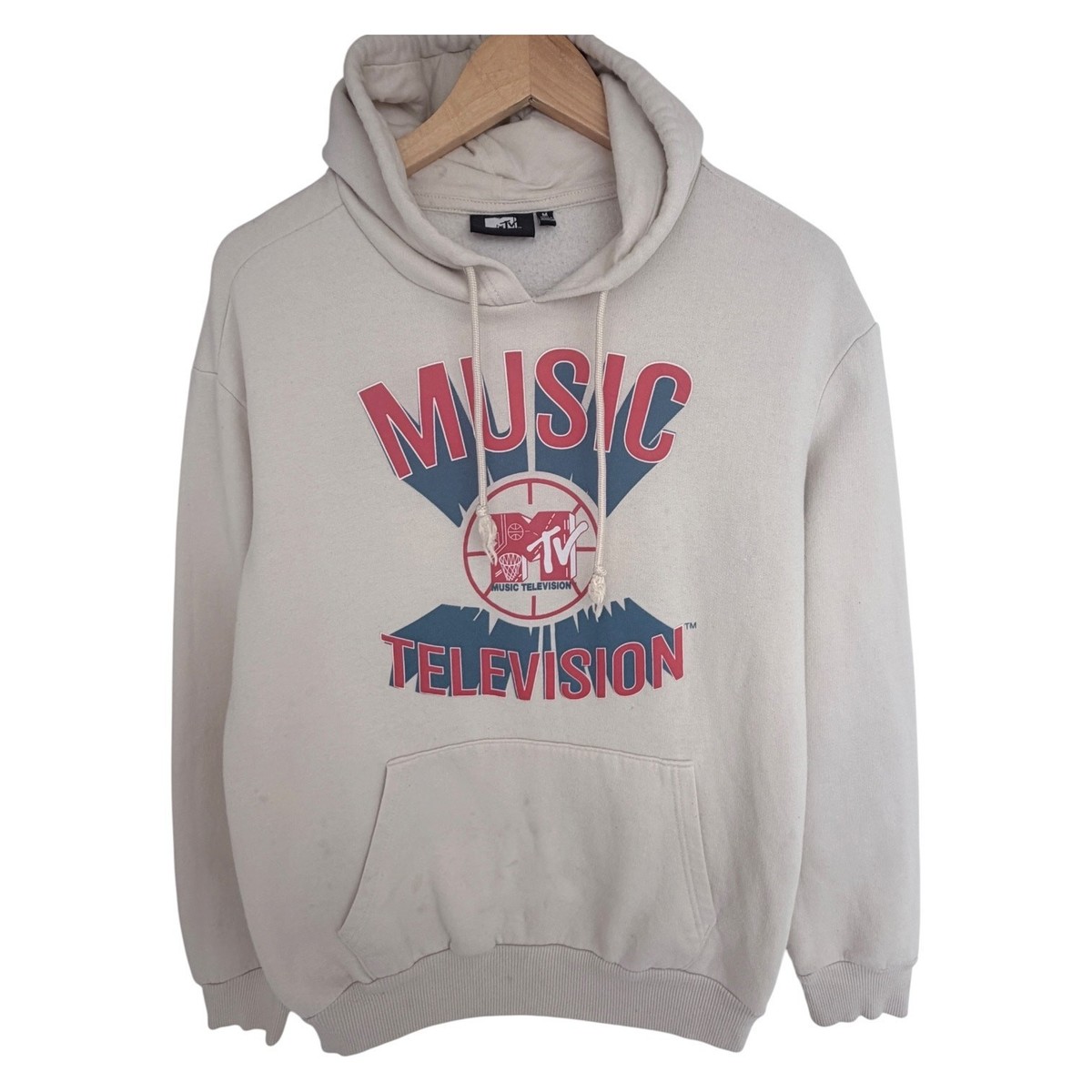 MTV MTV MTV Music Television Hoodie Men Medium Cream Graphic Pullover Sweatshirt