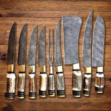 Deer Horn Knife Set, Handmade Damascus Steel, Stag Handle Set, Chef Knife Set