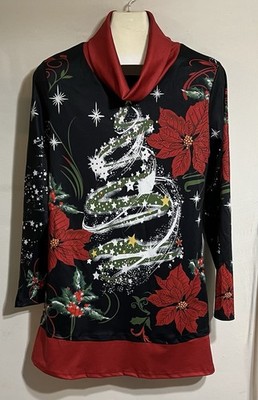 Christmas Print Women s Cowl Neck Long Sleeve  Jersey Knit Tunic Dress Lg W
