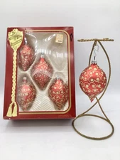 5 Vintage Large 4" Teardrop Red/Gold Glass Christmas Ornaments- Rauch Victoria