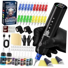Wireless Rotary Tattoo Pen Kit Starter Set with Ink and Needles Tilted BLACK