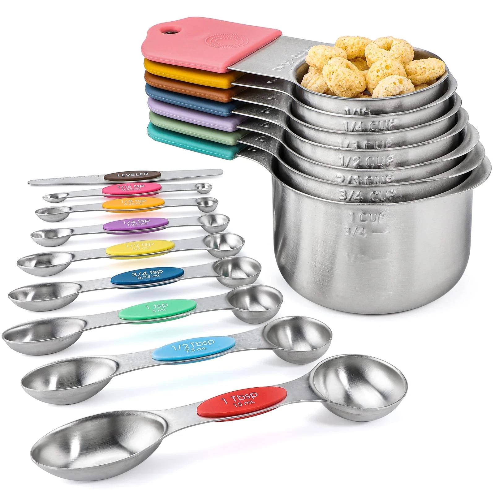 Magnetic Measuring Cups and Spoons Set of 16 - Includes 7 Cups, 8 Spoons, 1