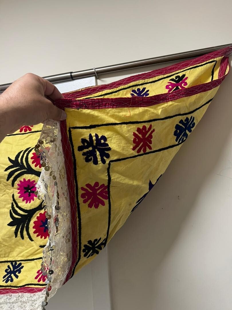 Vintage black suzani fabric, Uzbek tapestry wall hanging, embroidered Long Tent