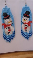 Seed Beaded Earrings Christmas earrings Designed Blue With Snowman 4 x 1