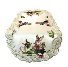 Doily Boutique Table Runner, Doily, Mantel Scarf with Easter Bunny on Ivory