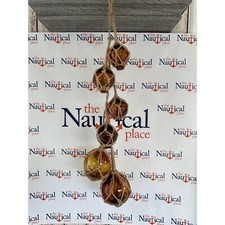 6 Amber Glass Fishing Floats On Rope - Fish Net Buoy Ball - Nautical Beach Decor