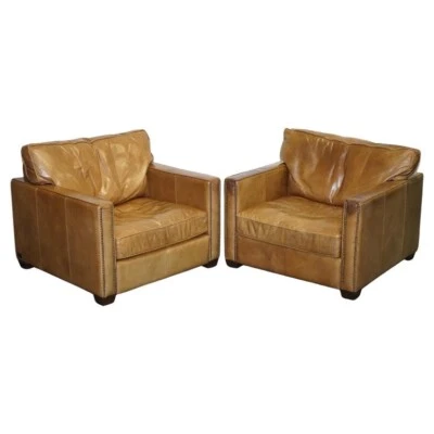 LOVELY TIMOTHY OULTON VISCOUNT PAIR OF TAN LEATHER ARMCHAIRS RRP £5,200 - Image 1 of 4