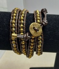 Handcrafted Brown Leather And Bronze Faceted Beads Wrap Bracelet