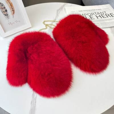 Women's Luxury Large Fox Fur Gloves Real Leather Warm Thicken Ski Mittens Winter