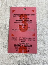 England V Australia Lords Complimentary Ticket Stub For 3rd Day June 18th 1977