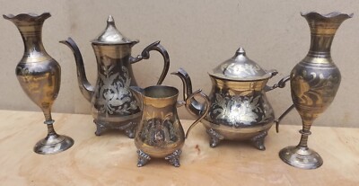 Vintage alte antike Messing Teekanne Kaffeekanne Milchkännchen passende Vasen Set 5 
