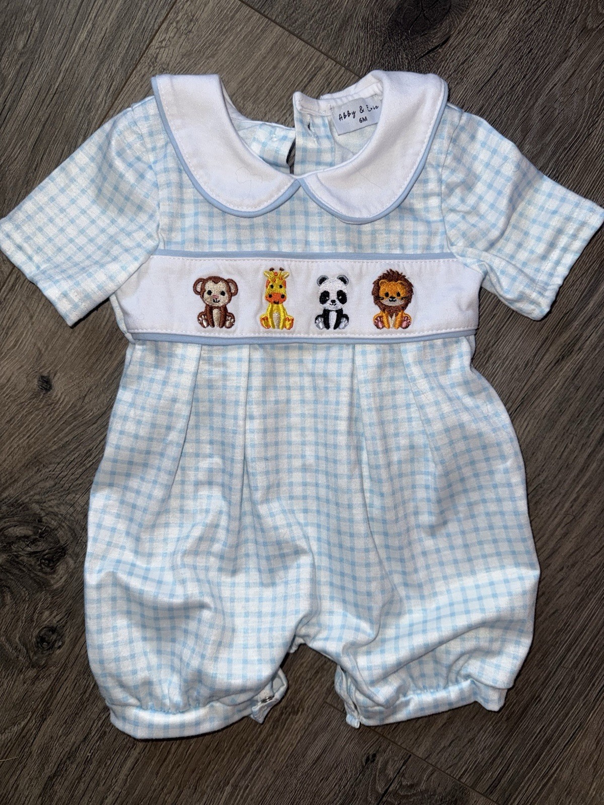 Abby & Lou 6M Blue/White Gingham Embroidered Safari Animal Collared Romper