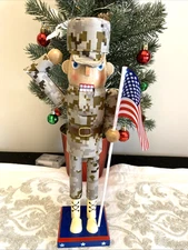 Christmas Soldier Proud Military USA w/American Flag Holiday Nutcracker NWT