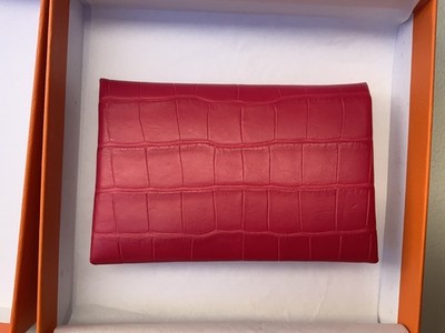 Authentic Hermes Alligator Leather Calvi Card Holder Red 2 Credit