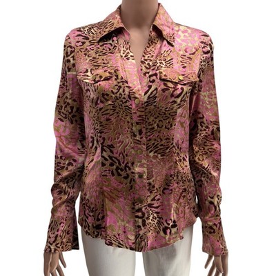  CACHE- WOMEN'S SMALL Multicolor Cheetah Print Silk SNAP Blouse