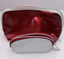 2 Piece Lanc me oversized red and small white faux leather makeup bags New Clean
