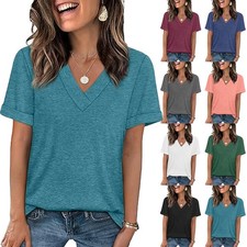 Womens Ladies Shirts Blouse Summer Short Sleeve Casual Loose V Neck Tops Tee UK