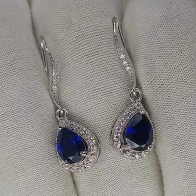 2.30Ct Pear Cut Simulated Blue Sapphire Hook Drop Earring 14K White Gold Plated