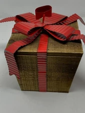 Rustic Decorative Wooden Christmas Gift Box with Red Metal Ribbon Holiday Decor