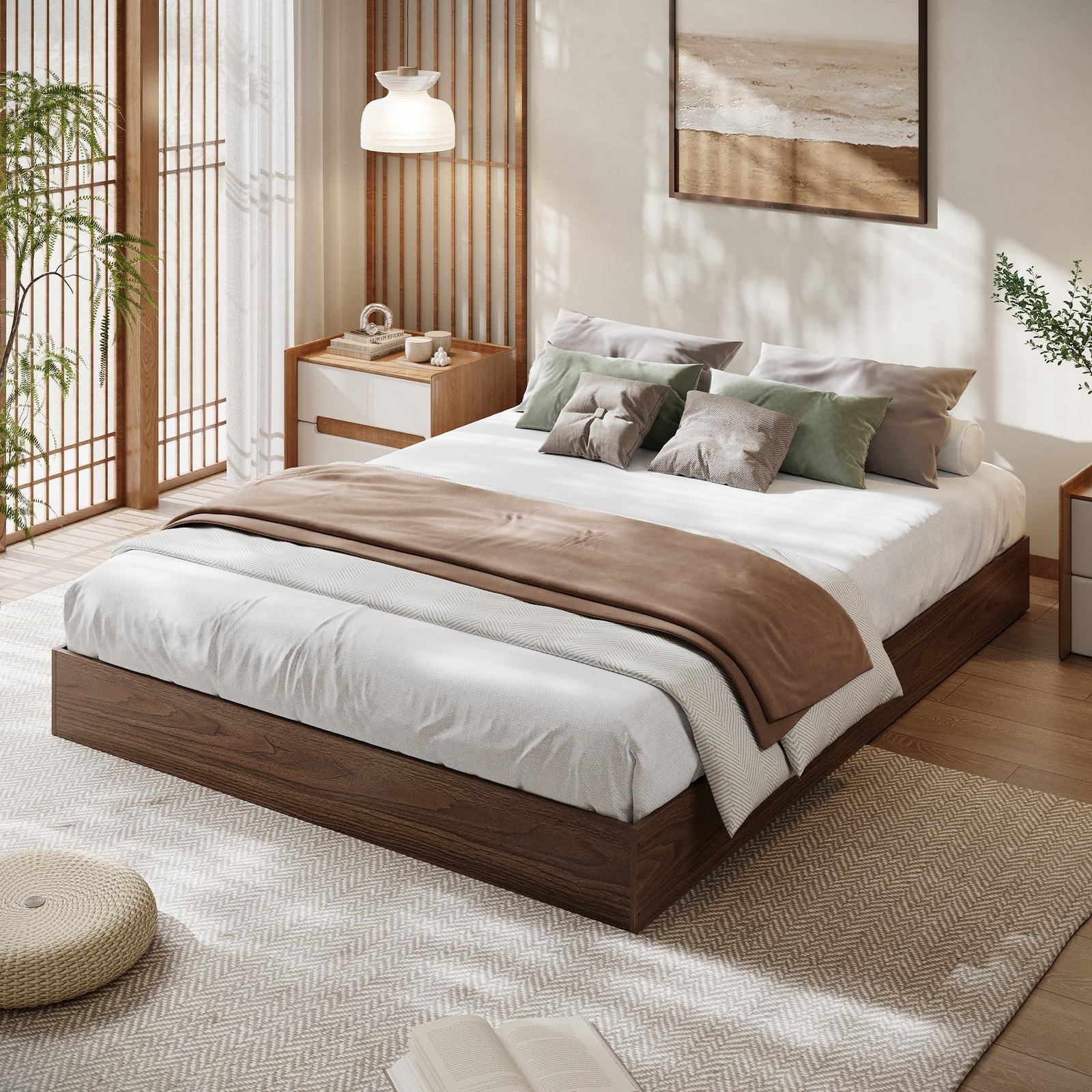 Walnut Queen Size Wood Platform Bed Frame No Headboard Wood Slats Easy Assembly