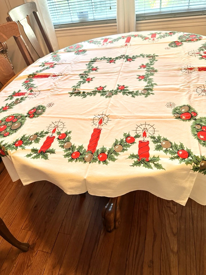 Vtg Xmas Cotton Topiary Tree Tablecloth 45x52" MCM Candles Holly Garland FreShip - Image 4 of 4
