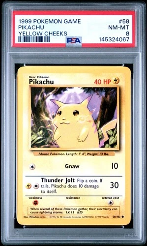 1999 POKEMON BASE SET UNLIMITED YELLOW CHEEKS #58 PIKACHU PSA 8