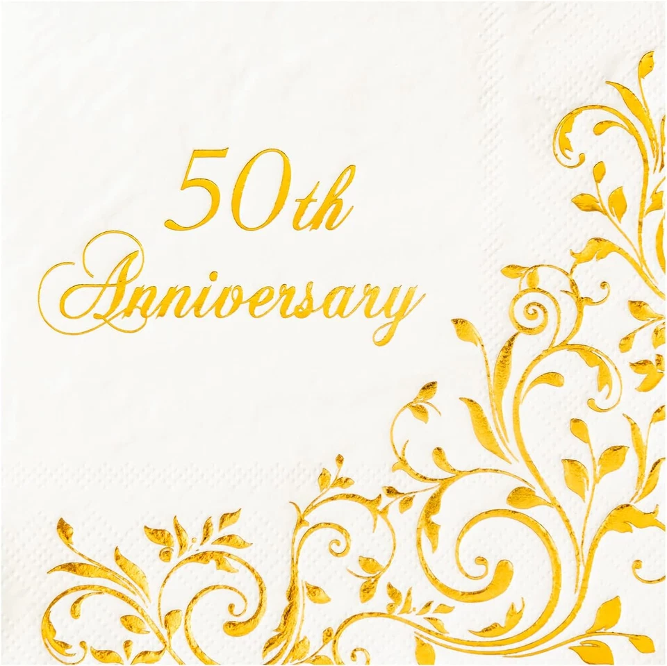 Gold Foil 50th Anniversary Cocktail Napkins for Golden Wedding Party Decorati... - Image 2 of 4