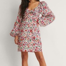 Na-kd Long Sleeve Tie Front Balloon Sleeve Mini Floral Colorful Dress Size Small