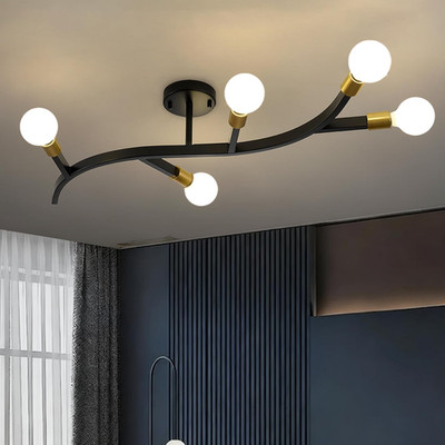 Mid Century Modern 5-Light Sputnik Semi Flush Mount Ceiling Light - Black & Gold