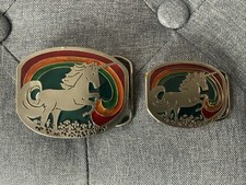 2 Unicorn Rainbow Belt Buckles Boho Mythical Vintage 70s Enamel