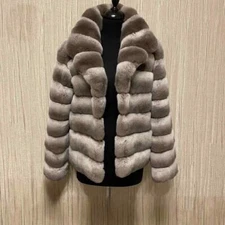 Fashion Women Chinchilla Winter Real Rex Rabbit Fur Coat Short Lapel Jacket Warm