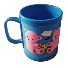 Kids Plastic Cup with Handle Blue Teddy Bear Design Drinking Mug Cute Cartoon