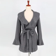 Verdiani Women Grey Plush Fleece Loungewear Ruffle Short Wrap Robe Size M