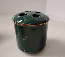 Spring Green Ceramic Faux Marble Round toothbrush Holder Green  White Gold Trim