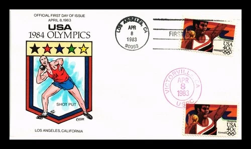 DR JIM STAMPS US COVER OLYMPICS SHOT PUT FDC DUAL CANCEL COLLINS HAND PAINTED