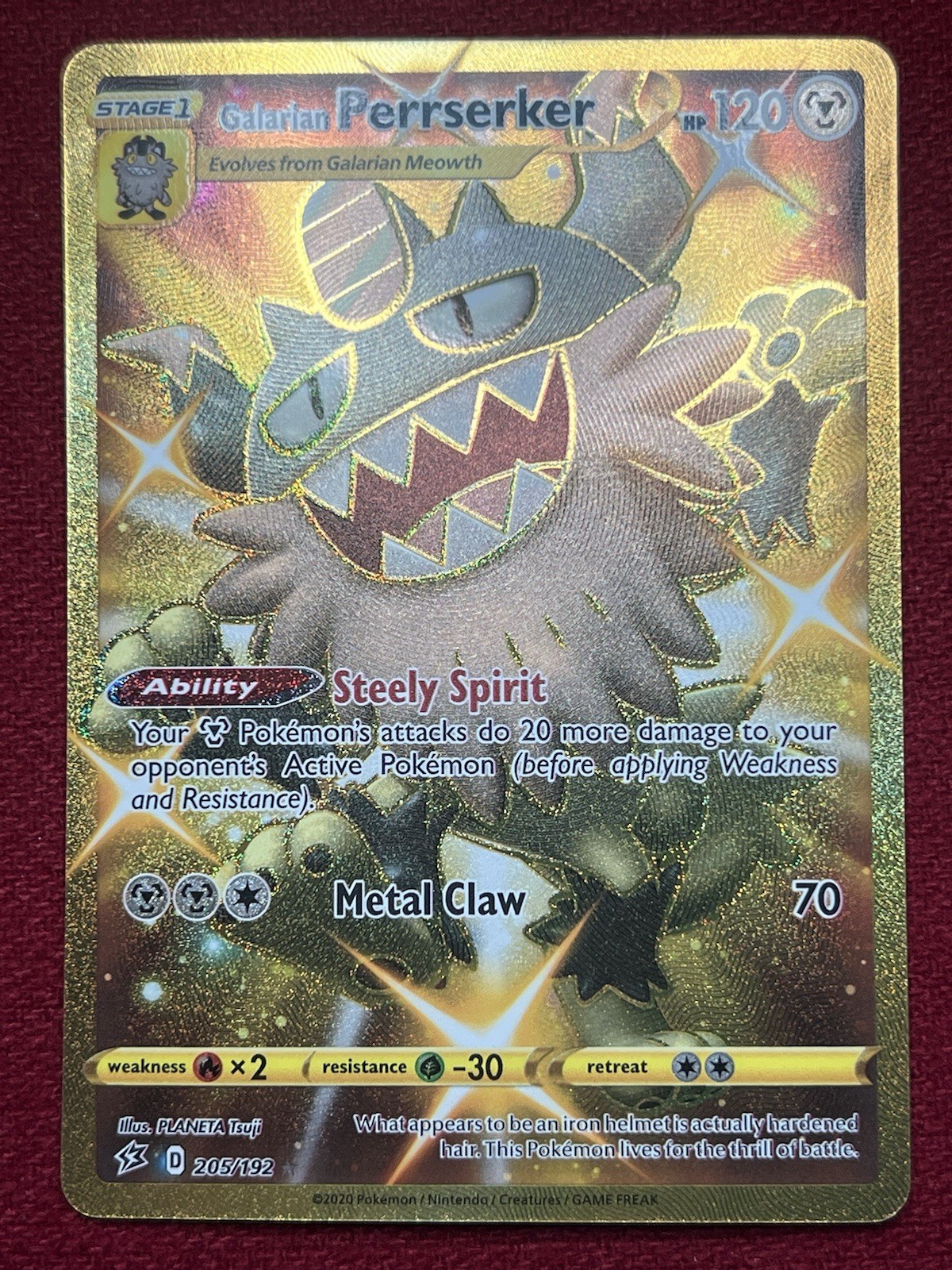 Galarian Perrserker 205/192 Rebel Clash Gold Secret Rare Pokemon 2020 NM Mint