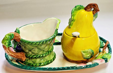 Villeroy & Boch Basket Heavily Embossed Fruit Sugar Bowl, Creamer, Plate Set