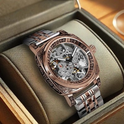 Men s Rose Gold Skeleton Star Mechanical Watch