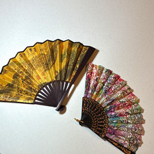 Handmade Set of 2 Asian Folding Hand Fans Gold Multicolor Wood Fabric