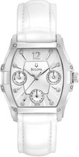 Bulova 96P126 Wintermoor 8 Diamonds Silver Tone White Leather Strap Womens Watch