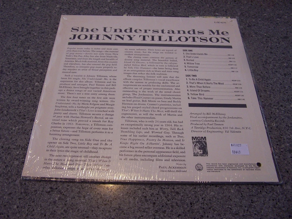 Johnny Tillotson "She Understands Me" MGM MONO LP E-4270 W/SHRINK & HYPE - Image 2 of 4