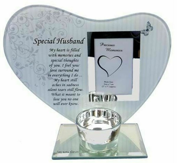 Special Husband Glass Photo Frame Heart Memorial Plaque Tea Light