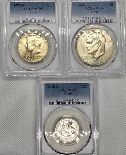 1976 S Silver Set PCGS Graded MS 66 Complete Uncirculated 3 Coin Set $1 50c 25c