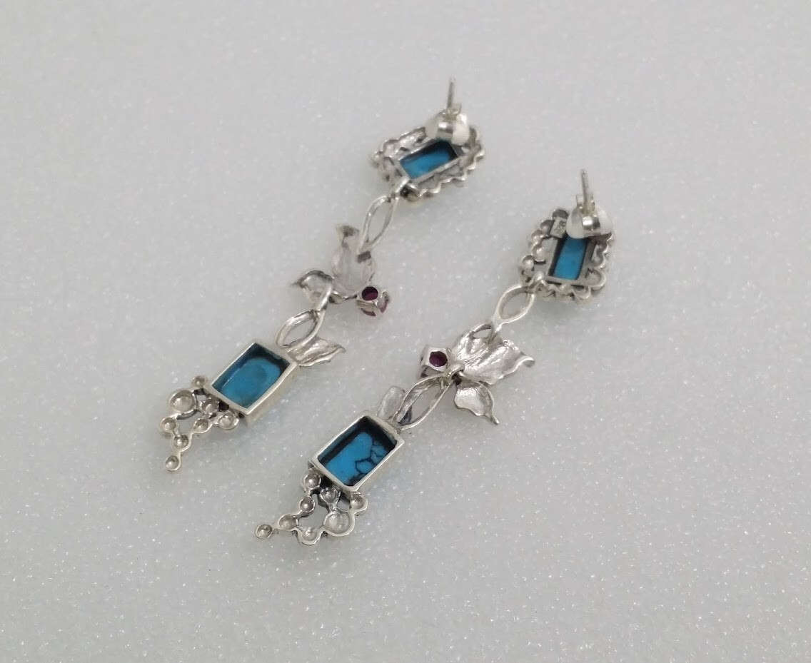 925 Silver Marcasite Ruby Stabilized Turquoise Le… - image 6