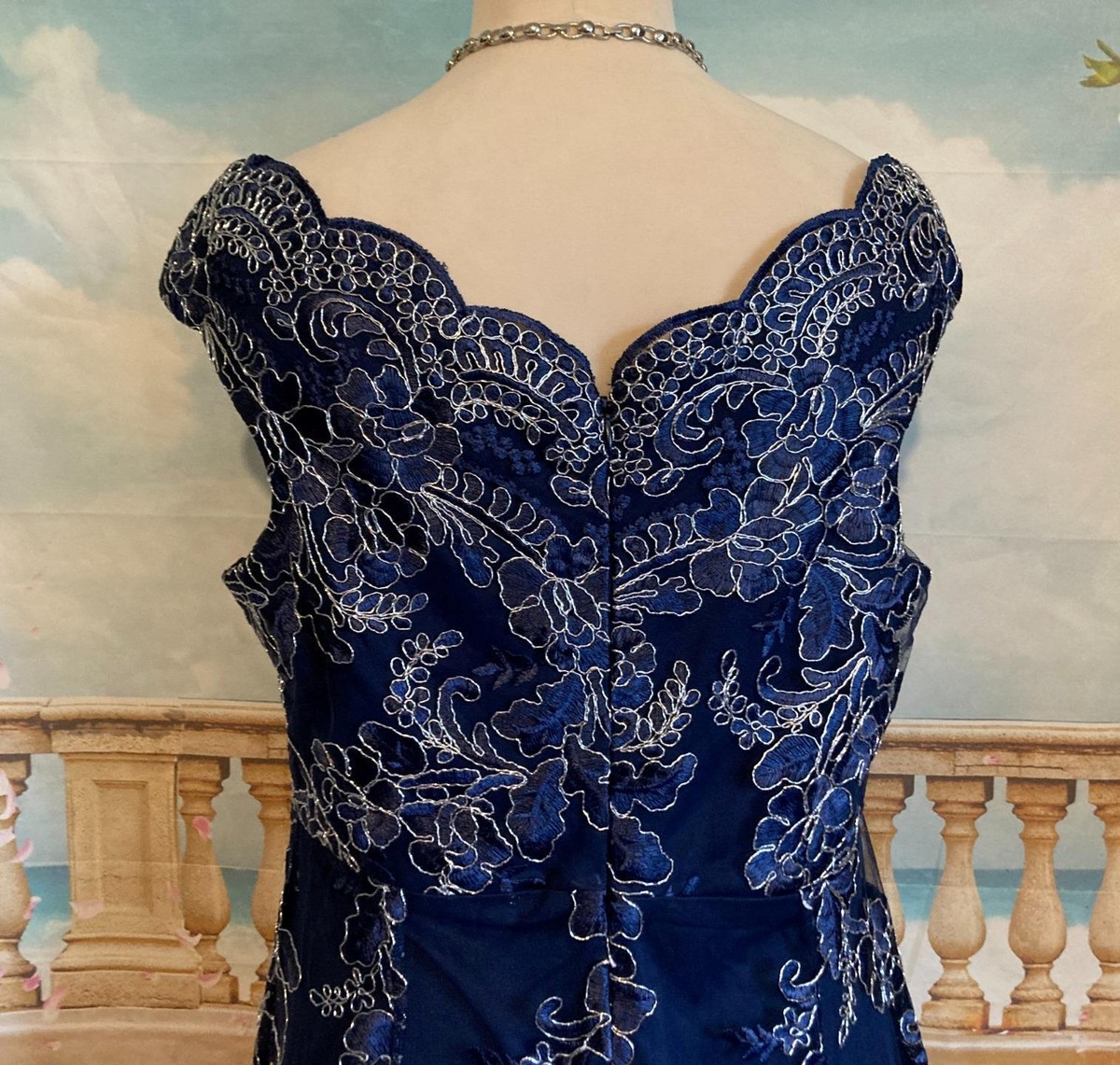 Dress 18 Blue Lace Quiz Bardot Fishtail Stretch Hi-Lo Dip Hem