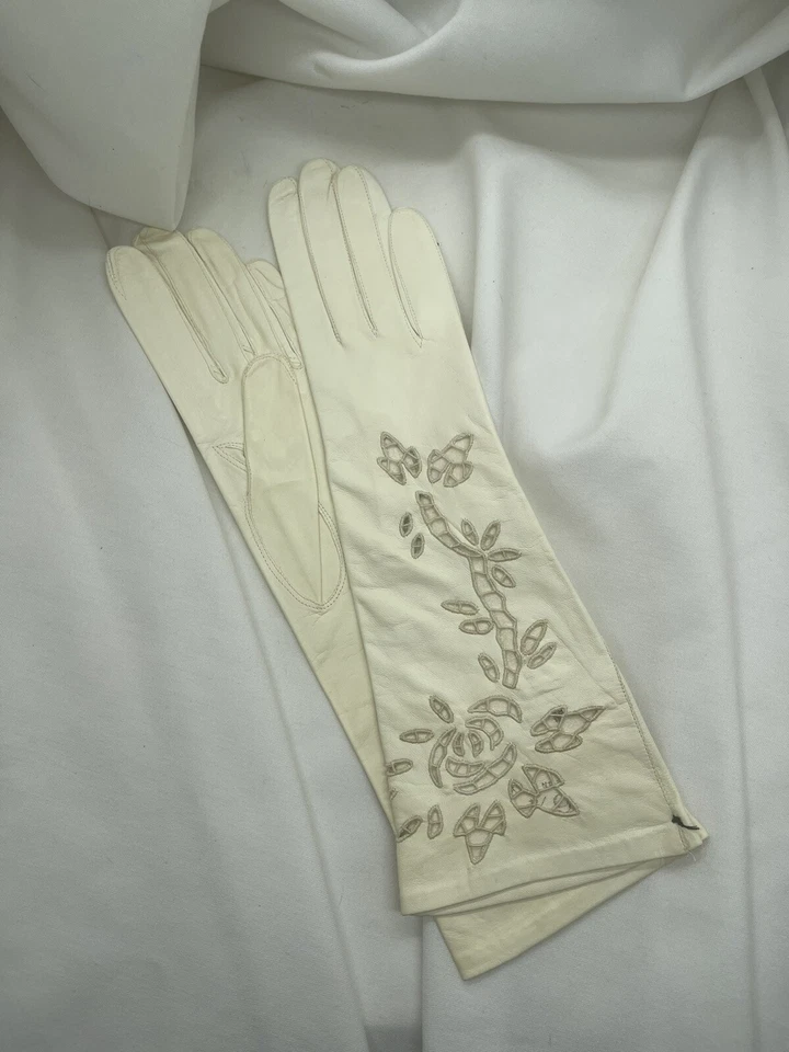 Guantes Capretto Lavabile Largos Italianos Vintage Talla 6.25" Cuero Marfil Ojales Foto 4 de 4